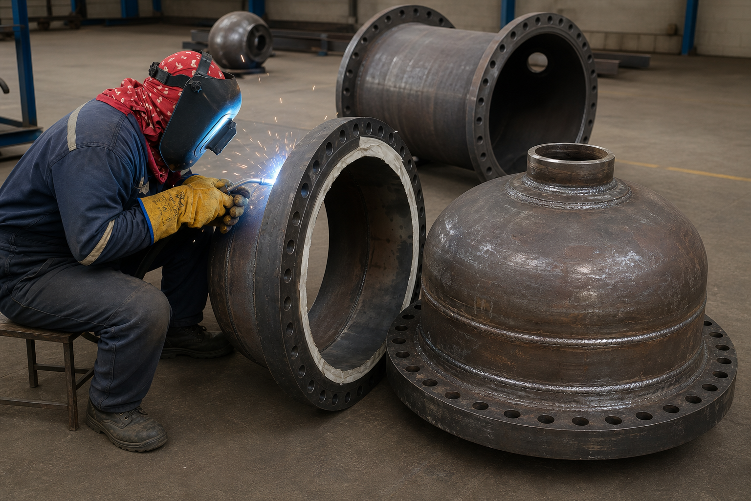 Welder producing custom heavy flanged steel fabrications in a clean manufacturing bay