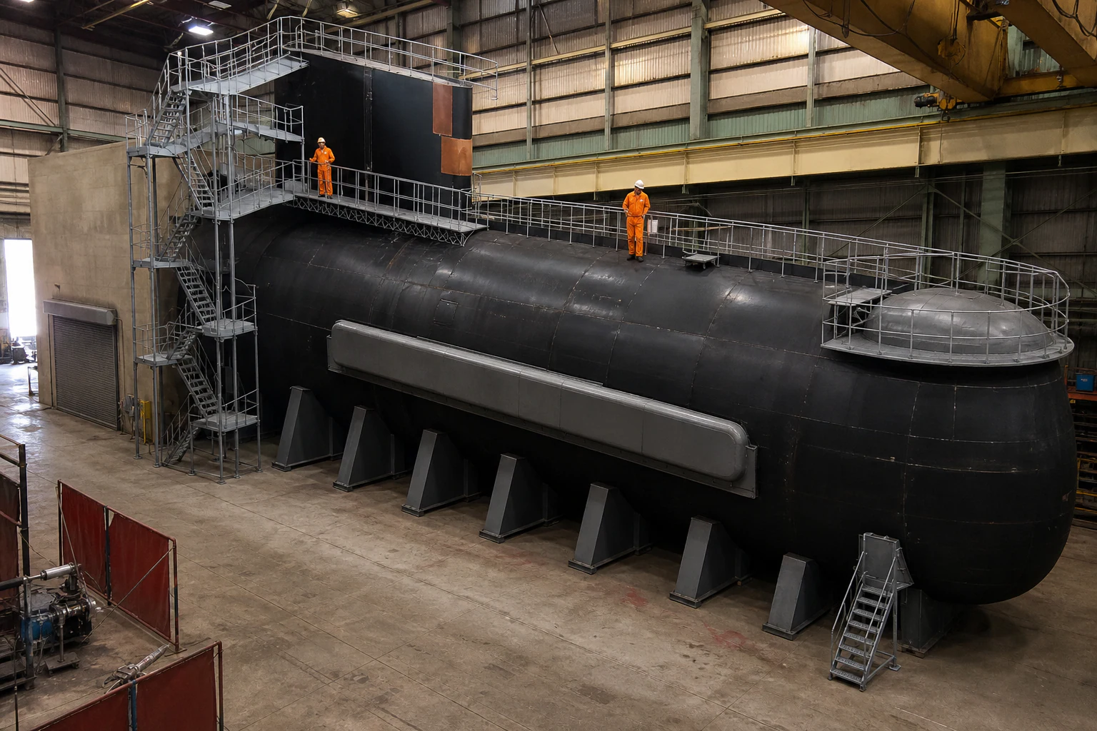 Full-scale submarine prototype platform inside an industrial test hall