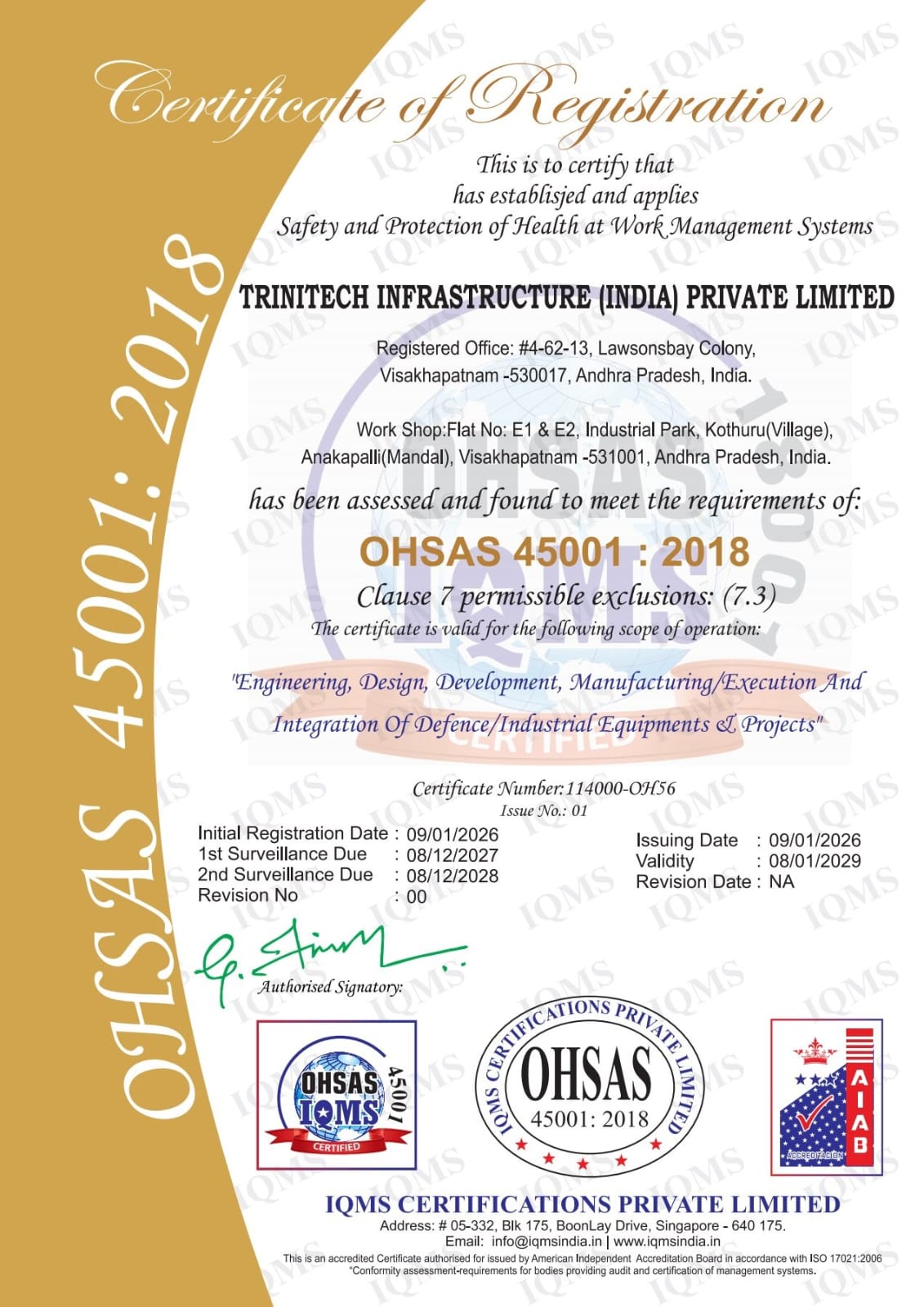 Trinitech OHSAS 45001:2018 occupational health and safety management certificate