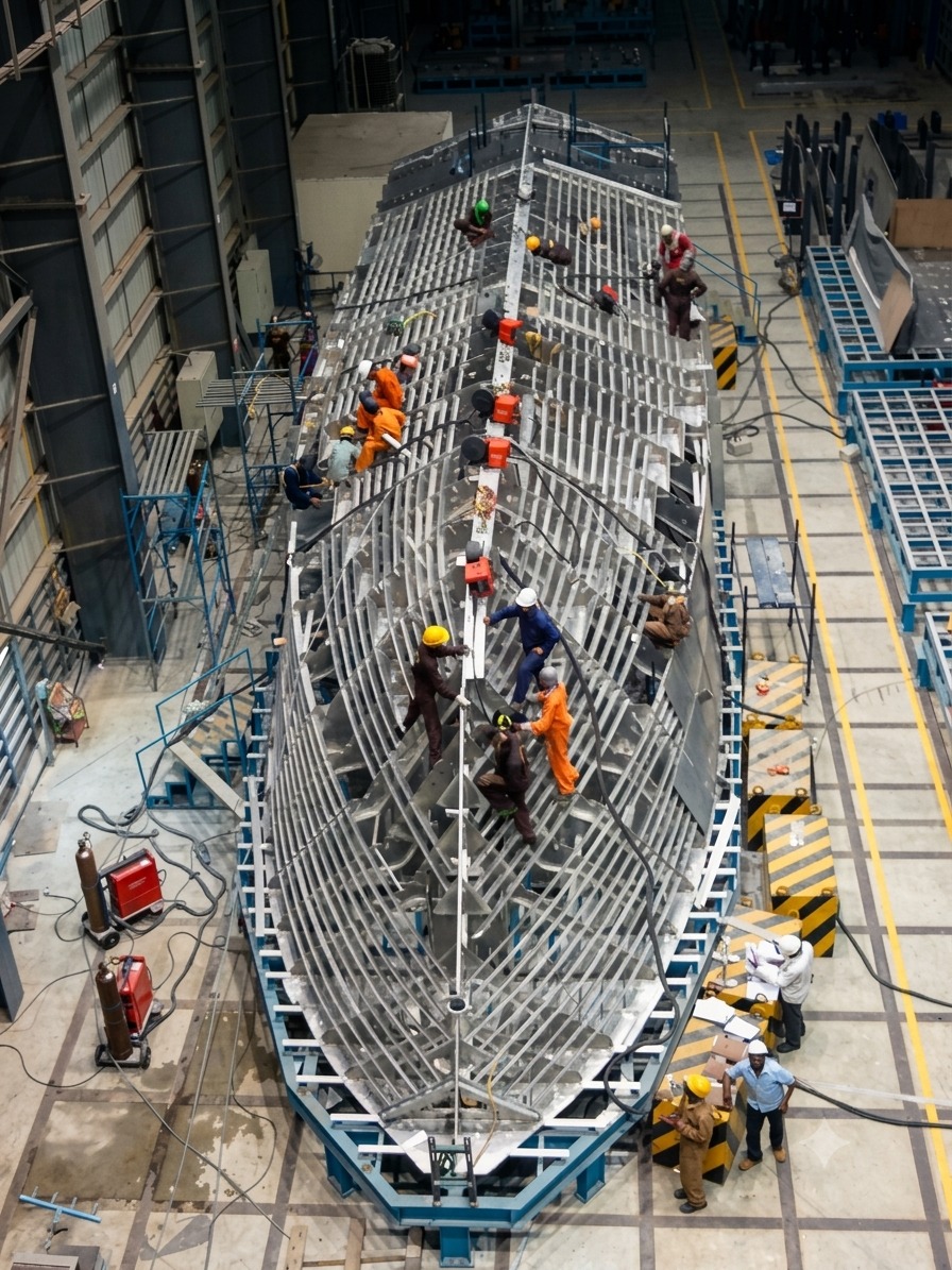 Shipbuilding hull frame assembly inside a fabrication bay