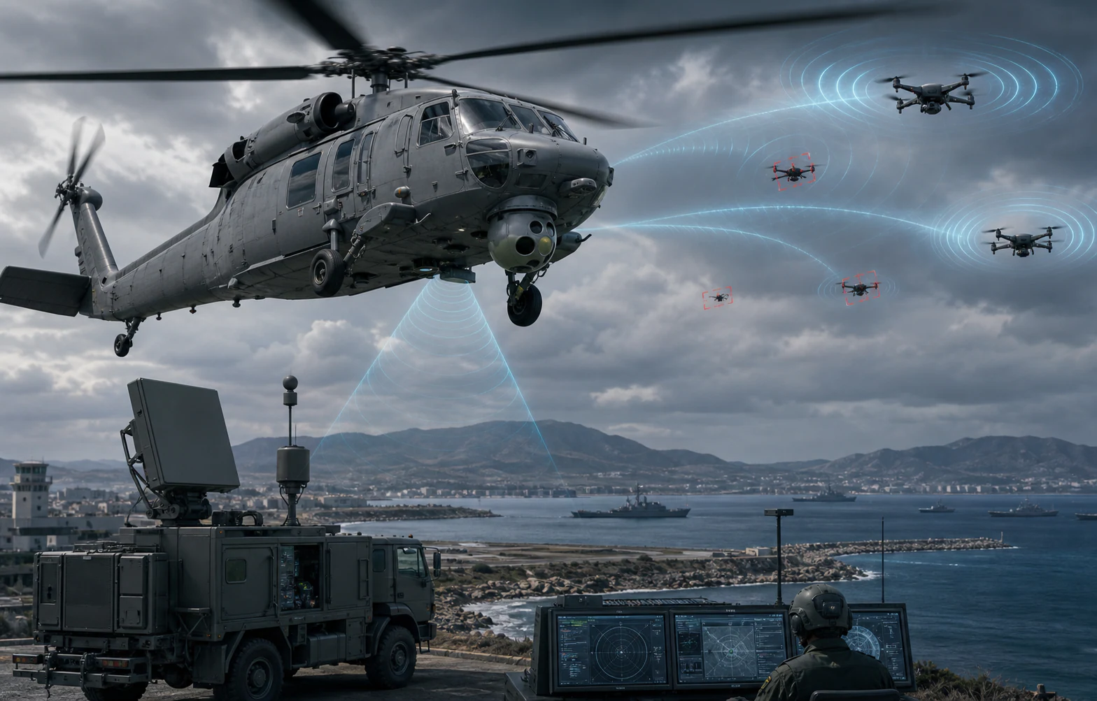Helicopter-mounted Counter-UAS system detecting and responding to aerial drone threats with radar, RF, and operator control elements