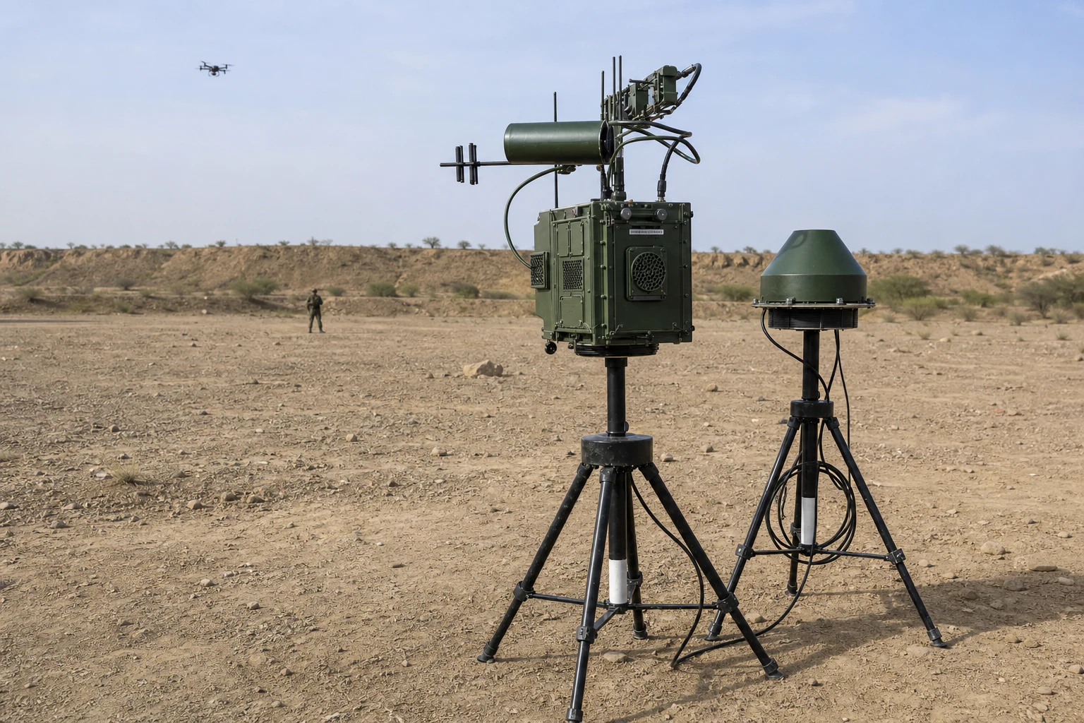 Portable RF counter-drone detector and jammer deployed at a forward operating base neutralizing hostile drones