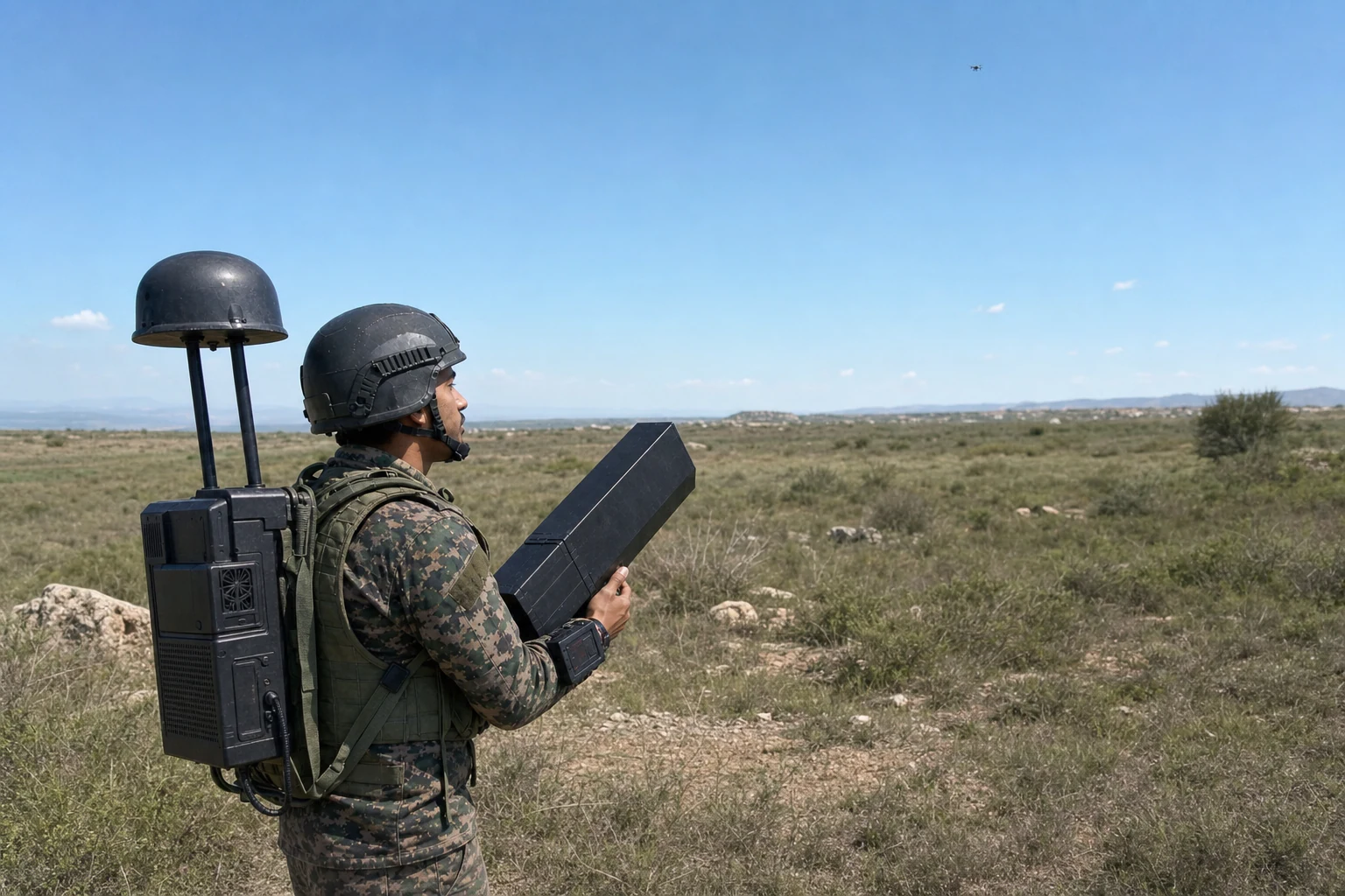 Handheld backpack RF counter-drone system deployed by a soldier at a forward base against unmanned aerial threats