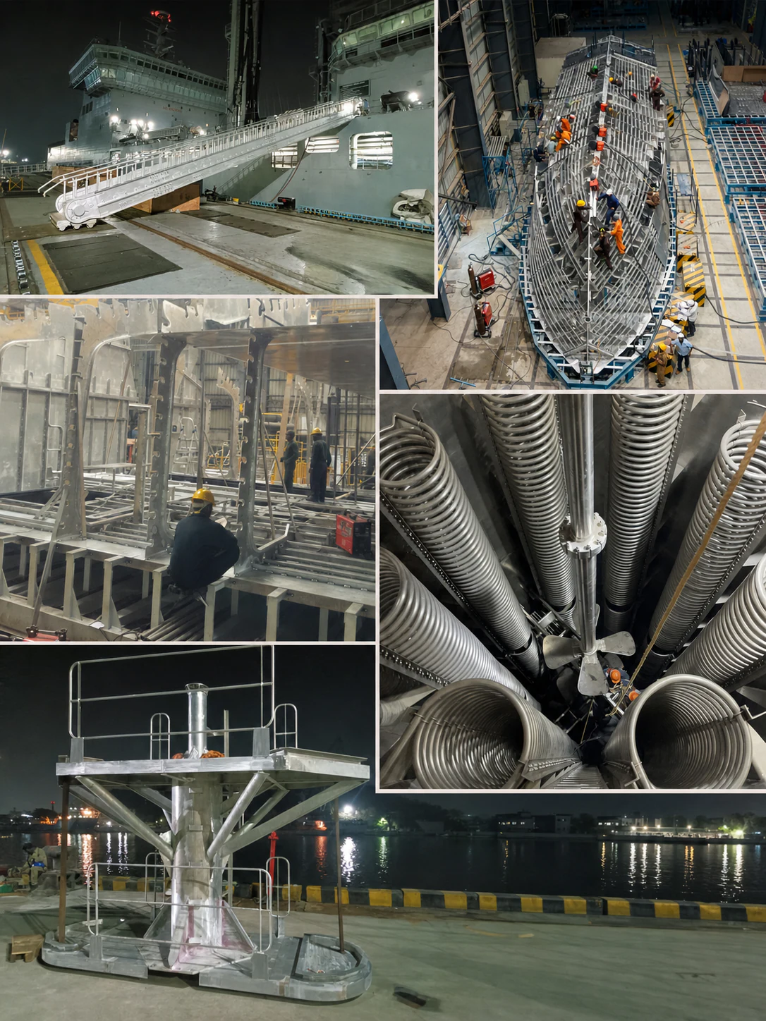 Real naval manufacturing fabrication montage with hull framing, gangway structures, industrial coils, and metal assemblies