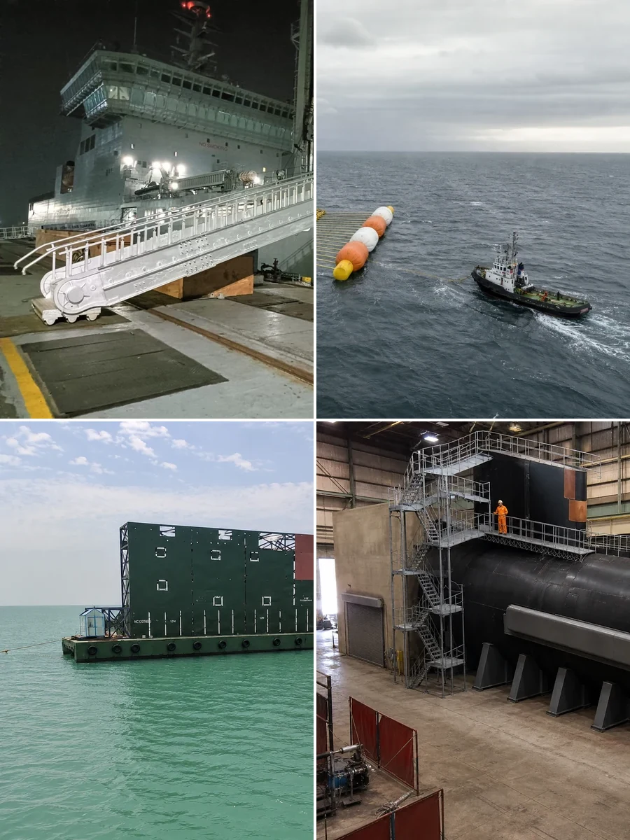 Selected Trinitech project products including a tide-efficient gangway, underwater target structure, surface target structure, and submarine prototype platform