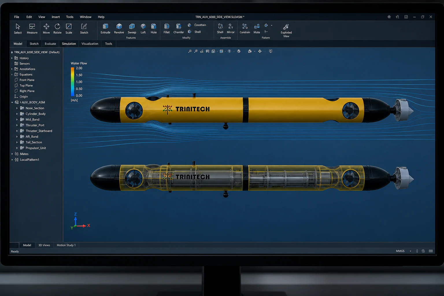 AUV fit checked in simulation