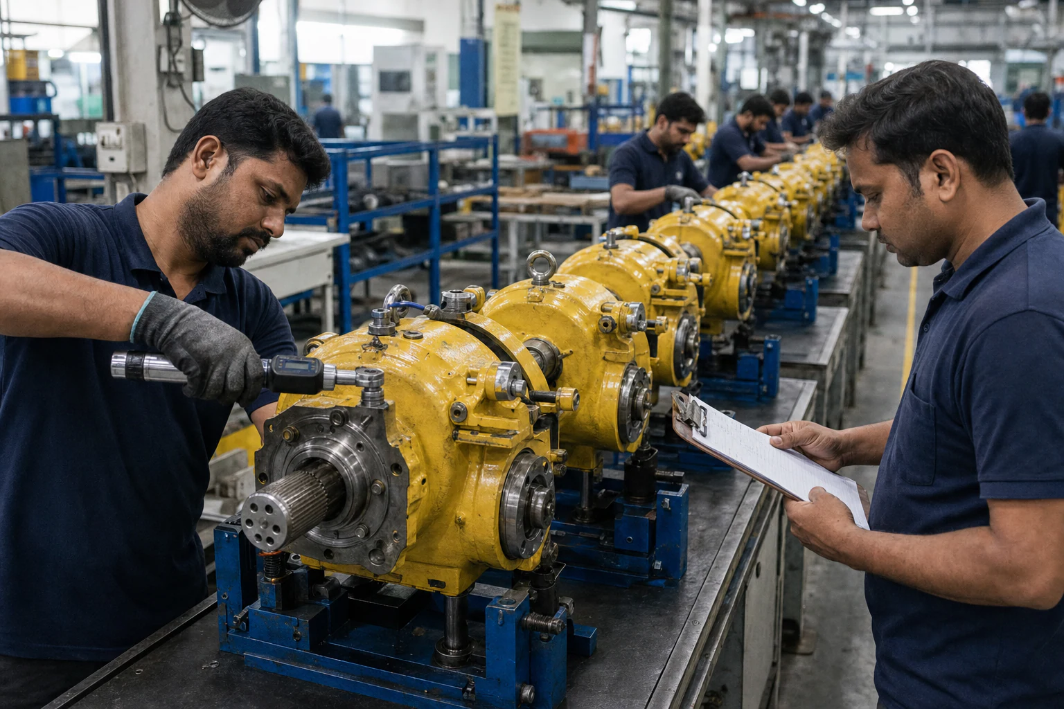 Technicians assembling engineering products on a production line